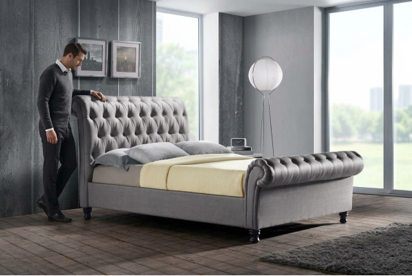 Graues Chesterfield Doppel Leder Bett Schlafzimmer Polster Designer Luxus Bett