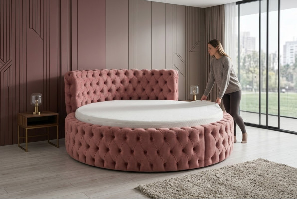 Rundes Samt Bett Chesterfield Luxus Polster Rund Betten Textil Stoff Hotel Neu