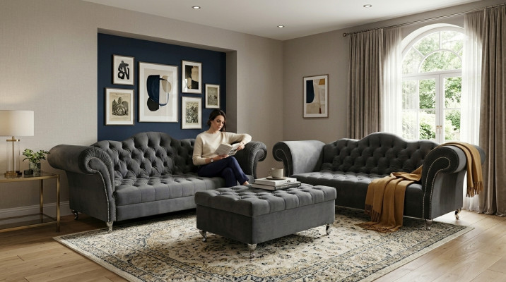 Sofagarnitur 3+2 Sitzers + Hocker Chesterfield Sofa Stoff Leder Couchen