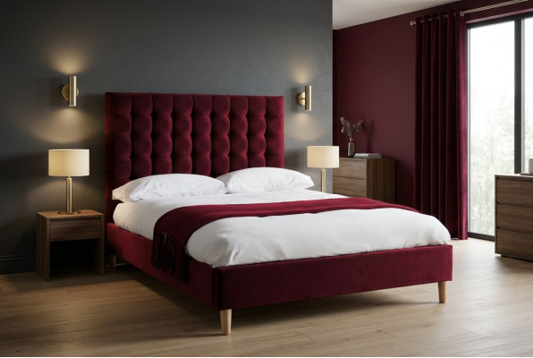 Rotes Luxus Samt Textil Bett Doppel Design Chesterfield 180x200cm Betten Neu
