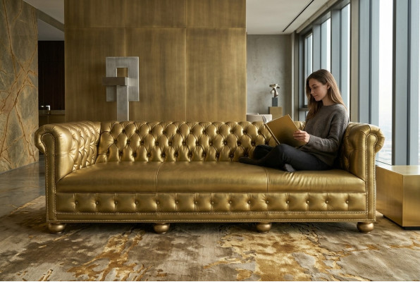 Chesterfield 4 Sitzer Sofa Couch Leder Garnitur Polster Sitz Stoff Gold Sitz Neu