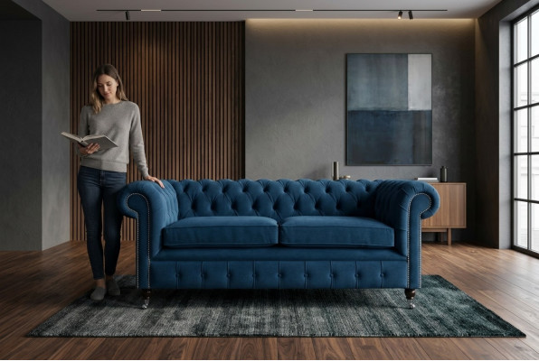 Blauer Luxus Polster Chesterfield Dreisitzer Designer 3-er Couch