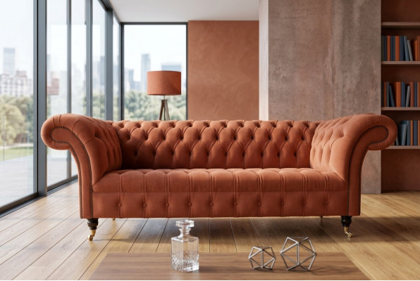 Luxus Oranger Chesterfield 3-Sitzer Designer Wohnzimmer Couch