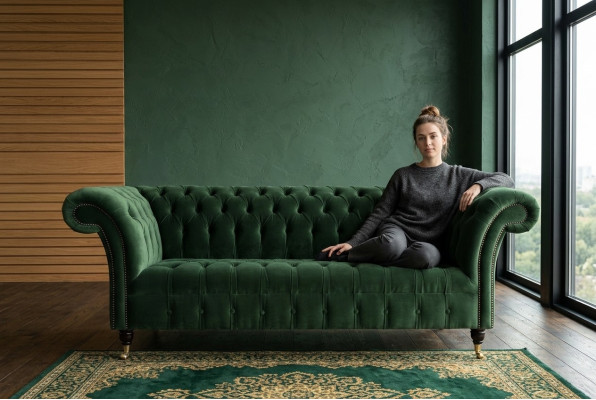 Klassische Chesterfield Design Couch 3 Sitzer Sofa Couch Samt Leder big grün neu