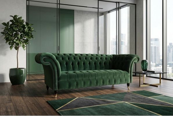 Klassische Chesterfield Design Couch 3 Sitzer Sofa Couch Samt Leder big grün neu