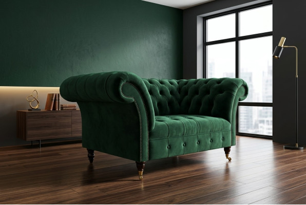 Chesterfield Design Stoff Couch Sessel 1.5 Sitzer Polster Sofas Lounge Grün Samt