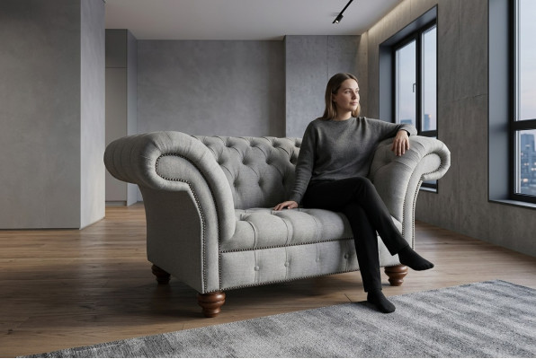Chesterfield Design Stoff Couch Sessel 1.5 Sitzer Polster Sofas Lounge Grau Samt