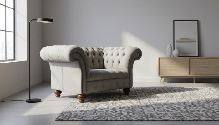 Chesterfield Design Stoff Couch Sessel 1.5 Sitzer Polster Sofas Lounge Grau Samt