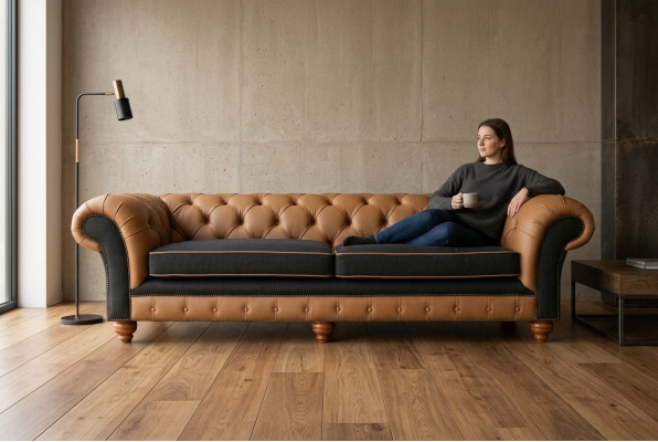 Braune Chesterfield Couch 4 Sitzer Sofa Couchen Samt Leder Design