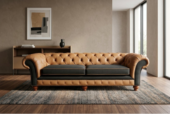 Braune Chesterfield Couch 4 Sitzer Sofa Couchen Samt Leder Design