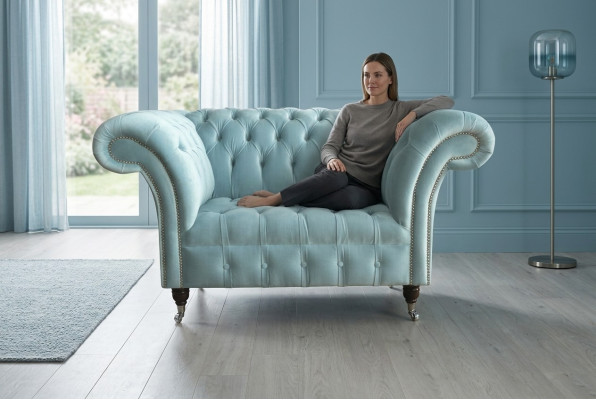Chesterfield Design Stoff Couch Sessel 1.5 Sitzer Polster Sofas Lounge Blau Samt
