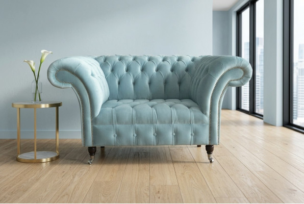 Chesterfield Design Stoff Couch Sessel 1.5 Sitzer Polster Sofas Lounge Blau Samt