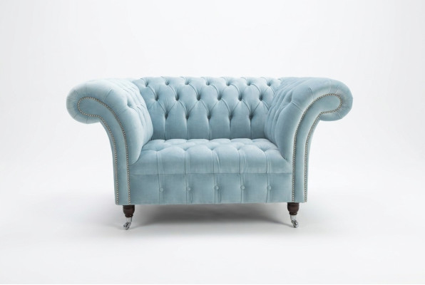 Chesterfield Design Stoff Couch Sessel 1.5 Sitzer Polster Sofas Lounge Blau Samt