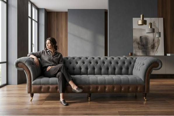 Design Chesterfield Sofa 4-Sitzer Grau Couch Polster Leder Sofas Wohnzimmer Neu