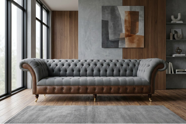 Design Chesterfield Sofa 4-Sitzer Grau Couch Polster Leder Sofas Wohnzimmer Neu