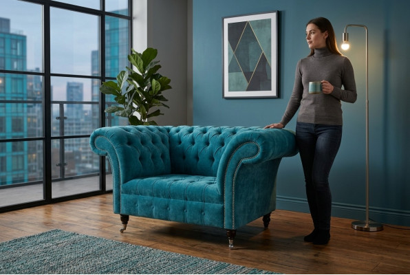 Sessel Chesterfield Design Stoff Couch 1.5 Polster Sofas Lounge Samt Turkis neu