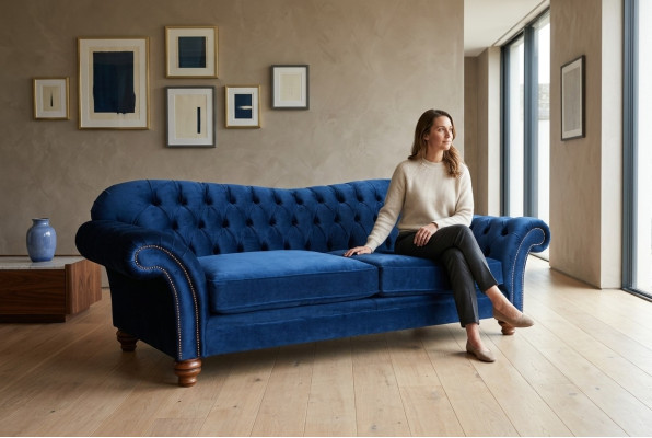 Design Sofa 4 Sitzer Couch Textil Polster Blau Klassische Sofas Chesterfield Neu