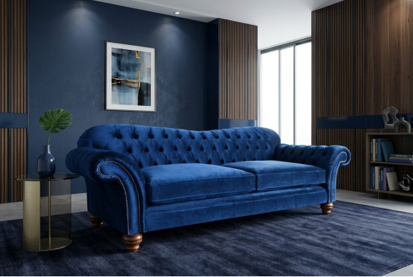 Design Sofa 4 Sitzer Couch Textil Polster Blau Klassische Sofas Chesterfield Neu