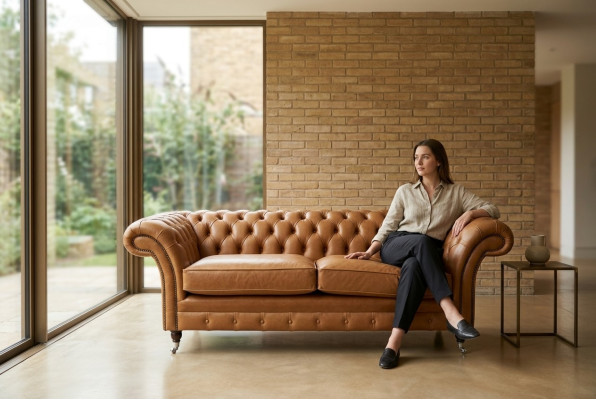 Sofa 3 Sitzer Couch Chesterfield Polster Sitz Garnitur Leder Braun Textil