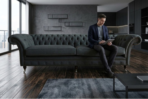 Original Chesterfield Textil Leder Sofa Couch Polster Big Sitzpolster Grau 265cm