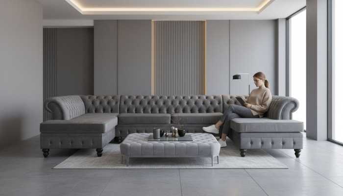 Chesterfield Samt Ecksofa U-Form Wohnlandschaft Polsterecke Sofa Couch Sofas Neu