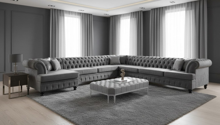 Set Luxury Modern Ecksofa U-Form Chesterfield und Couchtisch Wohnzimmer Textil