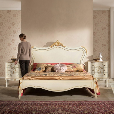 Luxus Bett 160x195cm mit Holz Kopfteil und 2 Nachttischen Italienische Möbel Neu