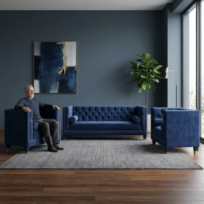 Chesterfield Blaue Sofagarnitur 3tlg Set Couch Garnituren Sitz Polster Gruppe