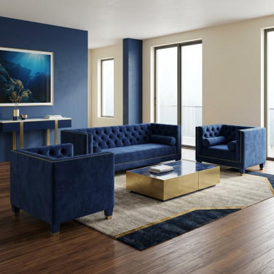 Chesterfield Blaue Sofagarnitur 3tlg Set Couch Garnituren Sitz Polster Gruppe