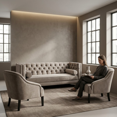 Chesterfield Beige Sessel Luxus Möbel Garnituren Textil Stoff Couchen Gruppe Neu