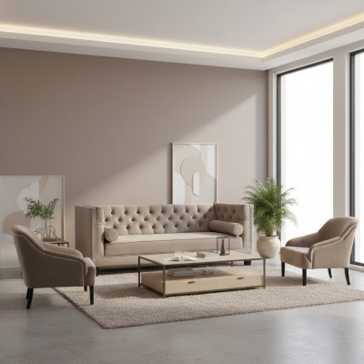 Chesterfield Beige Sessel Luxus Möbel Garnituren Textil Stoff Couchen Gruppe Neu