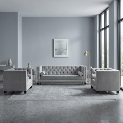 Sofagarnitur Grau Chesterfield Sessel Luxus Möbel Textil Stoff Wohnzimmer Neu