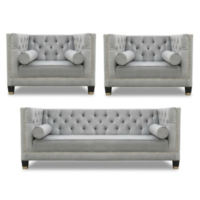 Sofagarnitur Grau Chesterfield Sessel Luxus Möbel Textil Stoff Wohnzimmer Neu