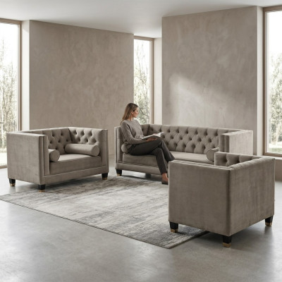 Beige Sofagarnitur Chesterfield Sessel Luxus Möbel Textil Stoff Wohnzimmer Neu