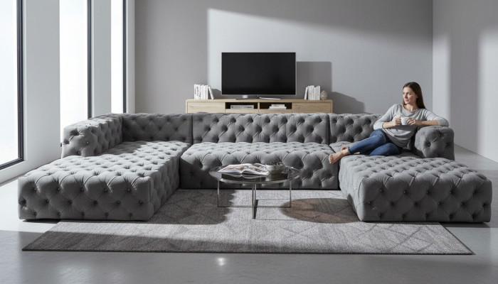 Chesterfield U Form Sofa Grau XXL Big Textil Stoff Couchen Luxus Möbel Polster