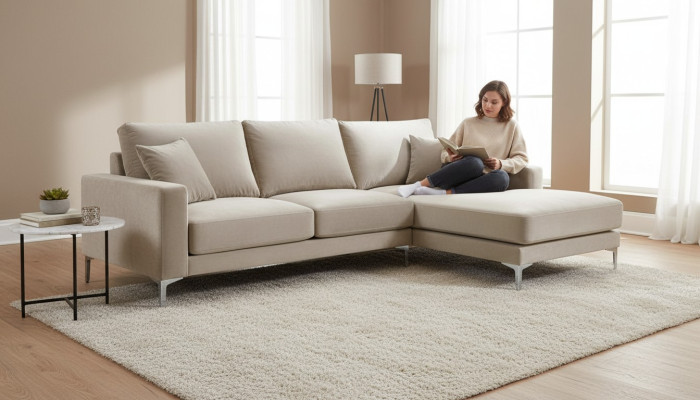 Wohnzimmer Design Couchen Polster Sofa Couch Beige Ecksofa Stoff Eckgarnitur Neu
