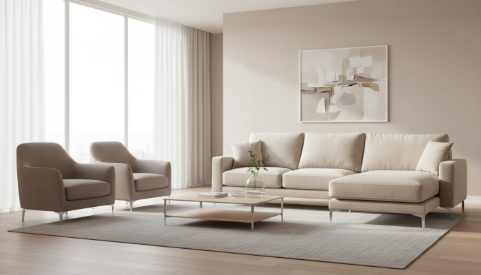 Wohnzimmer Design Couchen Polster Sofa Couch Beige Ecksofa Stoff Eckgarnitur Neu