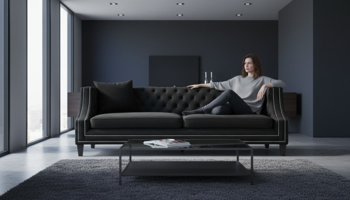 Luxus Schwarze Stoffcouch Dreisitzer Polster Möbel Hotel Wohnzimmer Praxis Samt