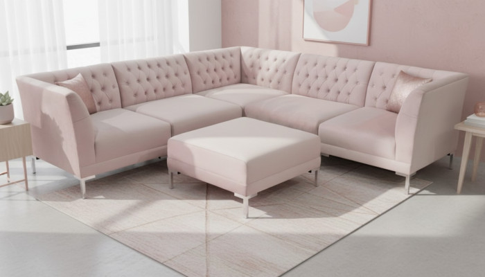 Rosa Ecksofa Hocker Chesterfield Sofas Möbel xxl Big Textill Stoff Sofas 2tlg