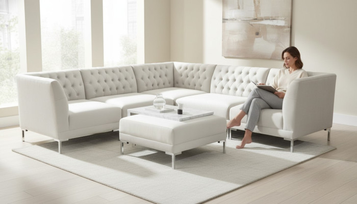 Ecksofa Hocker Creme Weiß Big Textill Stoff Chesterfield Sofas Luxus Möbel 2tlg.