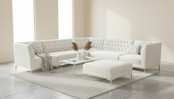 Ecksofa Hocker Creme Weiß Big Textill Stoff Chesterfield Sofas Luxus Möbel 2tlg.