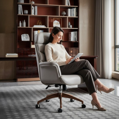 Bürostuhl Beige Leder Edelstahl Arbeitszimmer Büro Möbel Luxus Einrichtung Neu
