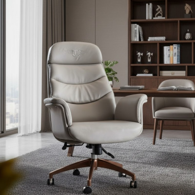 Bürostuhl Beige Leder Edelstahl Arbeitszimmer Büro Möbel Luxus Einrichtung Neu