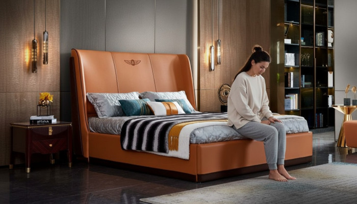 Bett 2 x Nachttisch Schlafzimmer Orange Kreative Modern Möbel Holz Luxus Betten