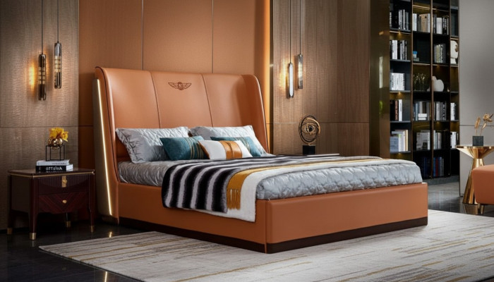 Bett 2 x Nachttisch Schlafzimmer Orange Kreative Modern Möbel Holz Luxus Betten