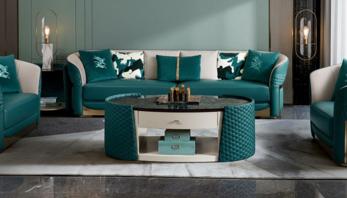 Couchtisch Holz Leder Turkis Ovaler Modern Design Möbel Luxus Wohnzimmer 140x83