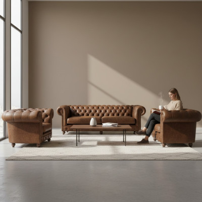 Braun Chesterfield+2 Sessel Leder Couchen Kreative Möbel Neu Wohnzimmer Sofa