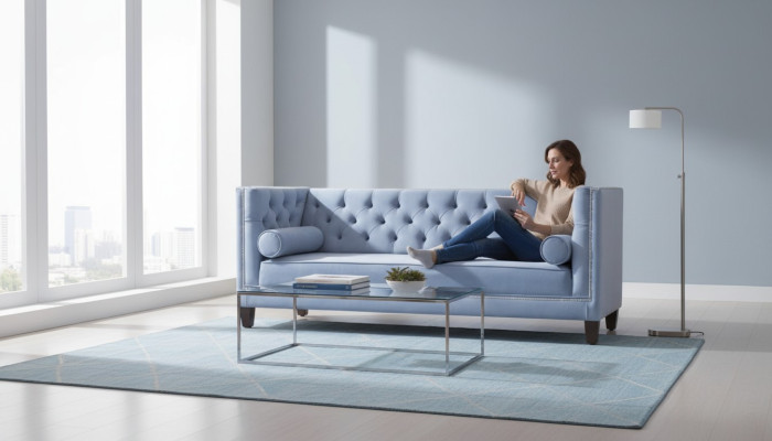 Hellblau Dreisitzer Stoff Wohnzimmer Design Couchen Sofa Sofas Chesterfield Neu