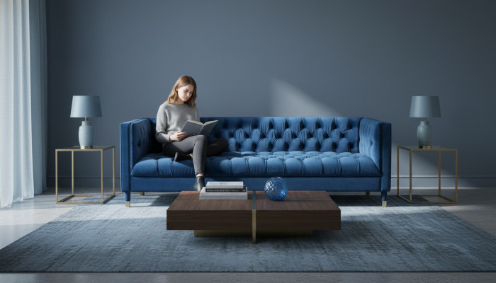 Blaue Chesterfield Textil Modern Design Stoff Kreative Möbel Neu Wohnzimmer Sofa
