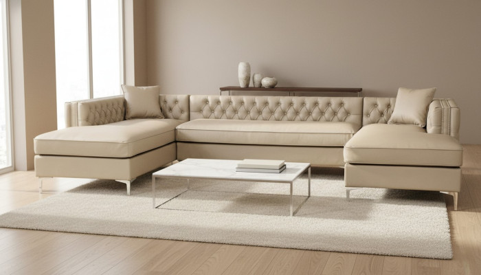 Ecksofa Beige Wohnlandschaft Couch Eckgarnitur Polster Chesterfield Möbel Design